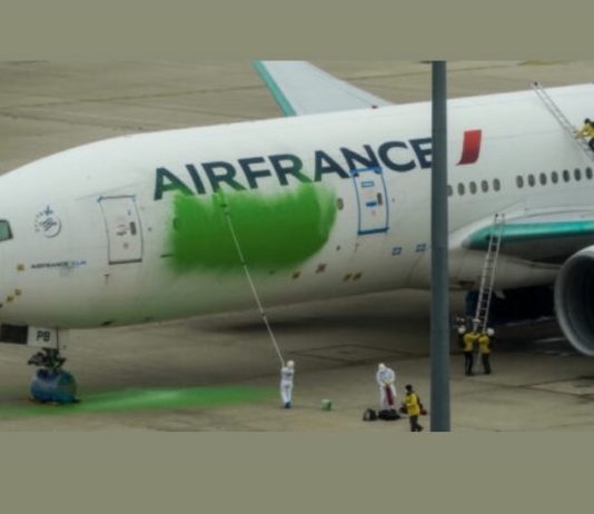 Greenpeace-Aktivisten malen ein Flugzeug in Roissy grün an