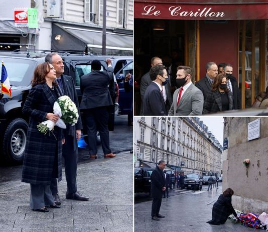 Gedenkfeiern zum 13. November: Kamala Harris legt vor der Bar Le Carillon Blumenstrauß nieder