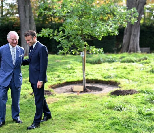 König Charles III. spricht vor dem französischen Senat – eine Premiere für einen britischen König King-CharlesIII_Emmanuel_Macron_pflanzen_Baum