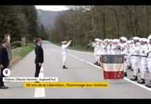 Emmanuel Macron ehrt die Opfer des Nationalsozialismus zum 80. Jahrestag der Befreiung Macron_Glieres_ScreenFranceInfo