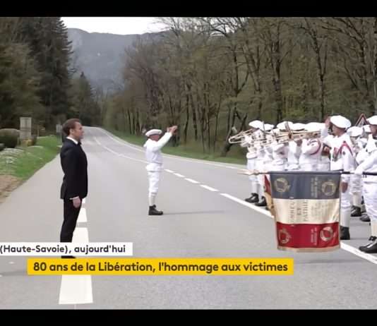 Emmanuel Macron ehrt die Opfer des Nationalsozialismus zum 80. Jahrestag der Befreiung Macron_Glieres_ScreenFranceInfo