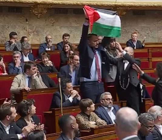 Demonstration im Parlament: LFI-Abgeordneter schwenkt die palästinensische Flagge Nationalversammlung_Palästina_ScreenFI