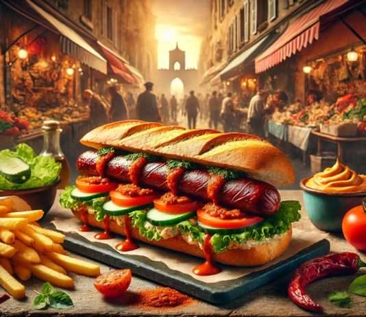 Merguez Sandwich: Ein Beliebtes Straßenessen in Frankreich und Nordafrika Merguez-Sandwich