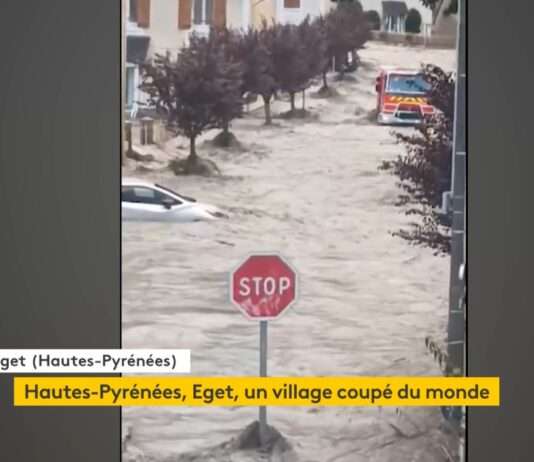Schwere Unwetter in den Hautes-Pyrénées: Der Fluss Neste tritt über die Ufer Eget_Ueberschwemmung_ScreenF2