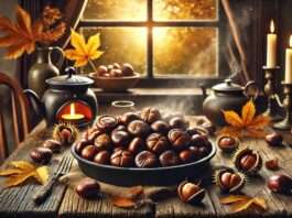 eine gemütliche Herbstszene mit frisch gerösteten Kastanien