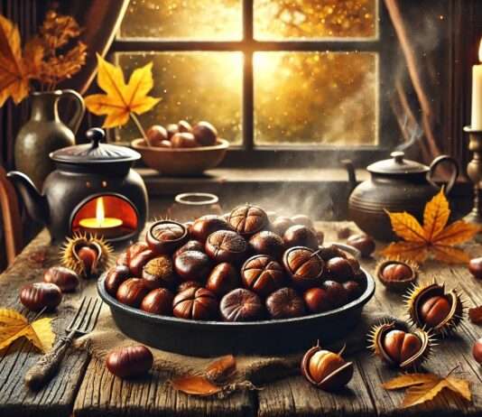 Châtaignes Rôties (Geröstete Maronen) – Ein kulinarischer Schatz des Herbstes eine gemütliche Herbstszene mit frisch gerösteten Kastanien