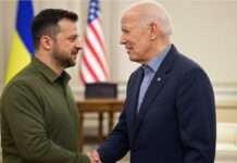 Ukraine-Krieg: USA gewähren 20 Milliarden Dollar Kredit finanziert durch eingefrorene russische Vermögenswerte Biden_Selenskyj_Illustration