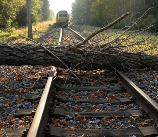 Sturmtief Herminia: Zugausfälle und Einschränkungen in der Normandie am Sonntag und Montag Baum_Schiene_Zug_Illustration