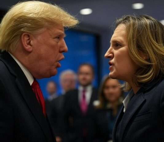 Kanadas politische Zukunft: Chrystia Freeland setzt auf klare Kante gegen Trump Chrystia-Freeland_Donald-Trump_Illustration