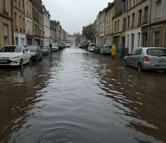 Die Bretagne unter Wasser: Wie Klimawandel und Starkregen das Leben verändern überschwemmte_Strasse_Illustration