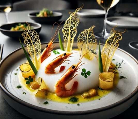 Moderne Mittelmeer-Küche: Bouillabaisse-„Espuma“ mit Safran-Garnelen und Fenchel-Chips Bouillabaisse-Espuma