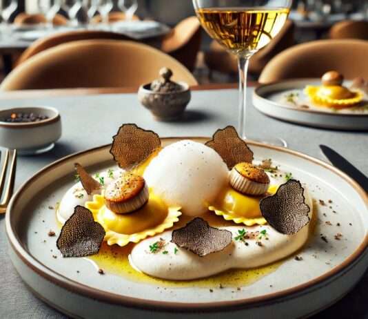 Burgund modern interpretiert: Burgunder-Schnecken-Ravioli mit Trüffelschaum Burgunder-Schnecken-Ravioli-Trüffelschaum