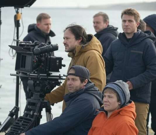 Gewalt in der Filmindustrie: Französische Stars vor dem Parlament Filmaufnahmen_Film-Crew_Illustration