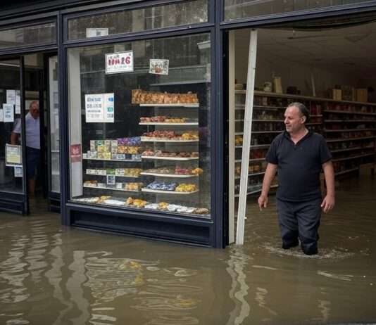 Flutkatastrophe in der Bretagne: Händler kämpfen mit hohen Verlusten Hochwasser_Geschäft_Zerstörung_Illustration
