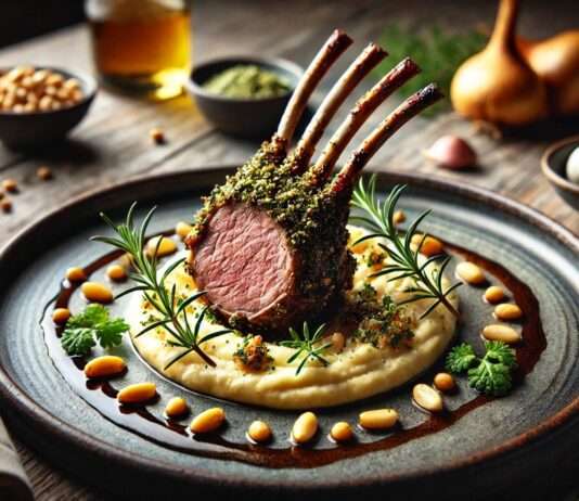 Alpenküche modern interpretiert: Kräuter-Lammkarree mit Genepi-Reduktion und Selleriepüree Kräuter-Lammkarree