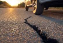 Zerfurcht und gefährlich: Die Landstraße RD513 zwischen Trouville und Villerville bröckelt Landstrasse_Strassenschäden_Illustration