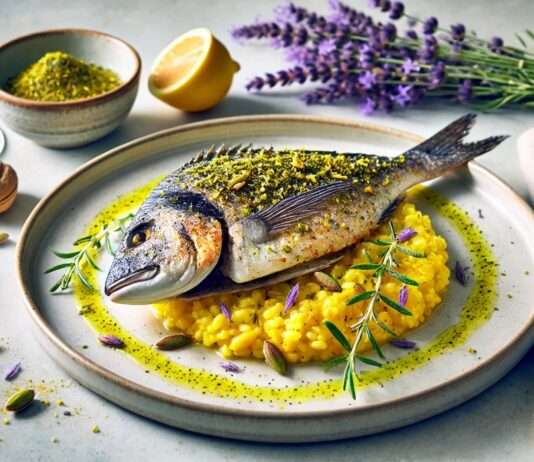Moderne Mittelmeer-Küche: Lavendel-Dorade mit Mandel-Pistazien-Kruste und Zitronen-Safran-Risotto Lavendel-Dorade