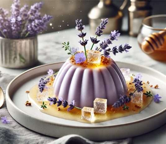 Alpenküche modern interpretiert: Lavendel-Panna Cotta mit Honig-Thymian-Granité Lavendel-Panna-Cotta