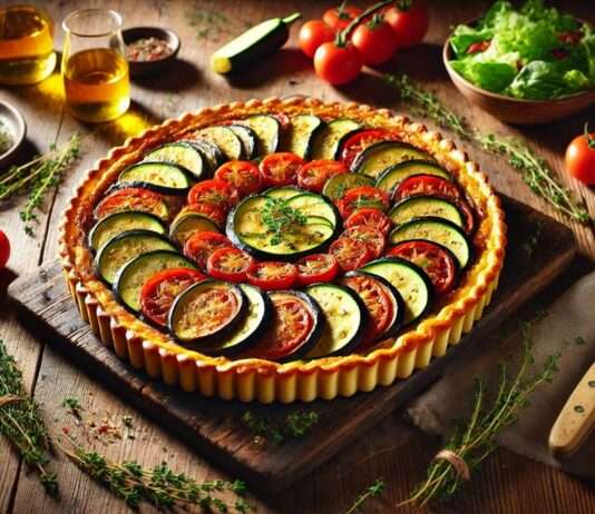 Moderne Mittelmeer-Küche: Ratatouille-Tarte mit Ziegenkäsecreme und Honig Ratatouille-Tarte