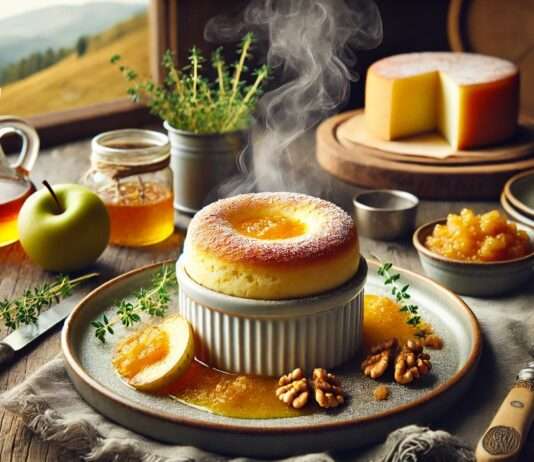 Alpenküche modern interpretiert: Reblochon-Soufflé mit Apfel-Chutney und Walnuss-Crumble Reblochon-Souffle