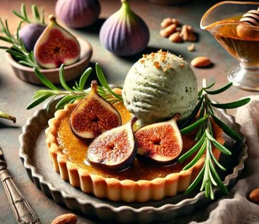 Moderne Mittelmeer-Küche: Rosmarin-Feigen-Tarte mit Olivenöl-Sorbet Rosmarin-Feigen-Tarte