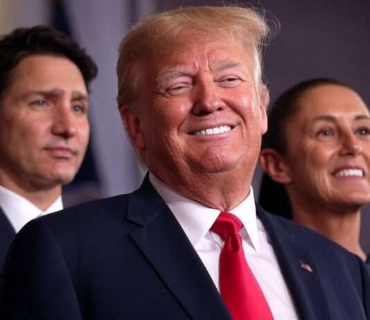 Trump – Der Dealmaker schlägt zu: Strafzölle als Druckmittel in Nordamerika Trudeau_Trump_Sheinbaum_Illustration