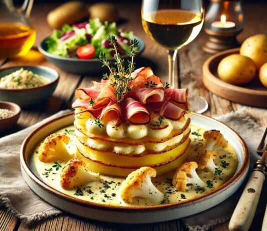 Alpenküche modern interpretiert: Trüffel-Tartiflette mit Blumenkohl-Creme Trüffel-Tartiflette