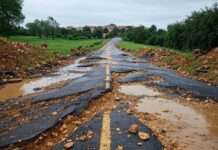 Straßen in Gefahr: Wie der Klimawandel Frankreichs Verkehrsnetz zerstört Unwetter_zerstört_Strassen_Illustration