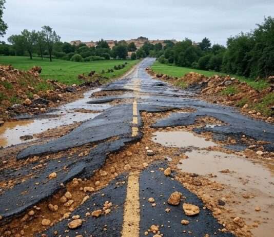 Straßen in Gefahr: Wie der Klimawandel Frankreichs Verkehrsnetz zerstört Unwetter_zerstört_Strassen_Illustration