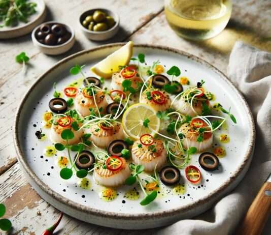 Moderne Mittelmeer-Küche: Zitronen-Verbene-Ceviche mit Jakobsmuscheln und Oliventapenade Zitronen-Verbene-Ceviche