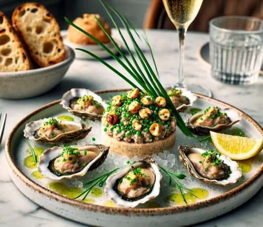 Austern modern zubereitet: Austern-Tartar mit gerösteten Haselnüssen und Trüffelöl Austern-Tartar-mit-Haselnüssen