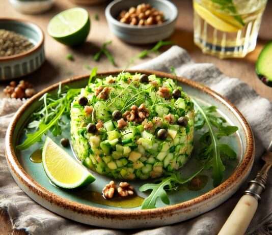 Scheinfasten – Snacks & kleine Mahlzeiten: Französisches Avocado-Gurken-Tartar mit Limette Avocado-Gurken-Tartar
