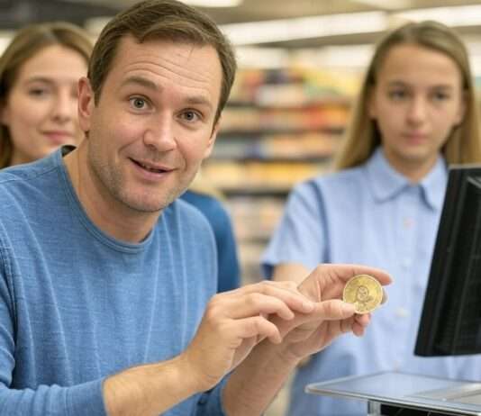 Verkauf gegen Bitcoin: Wie Kryptowährungen langsam in französischen Einkaufszentren ankommen Bitcoin_Supermarkt_Illustration