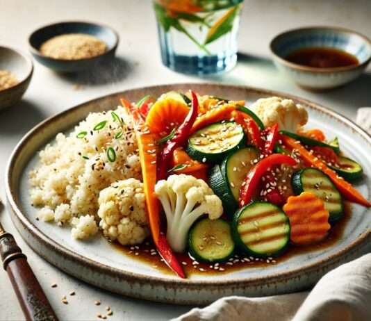 Scheinfasten – Mittagessen: Blumenkohlreis mit asiatischer Gemüsepfanne à la française Blumenkohlreis-Gemüsepfanne
