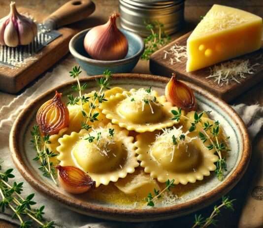 Cantal-Ravioli mit Thymianbutter und confierten Schalotten Cantal-Ravioli