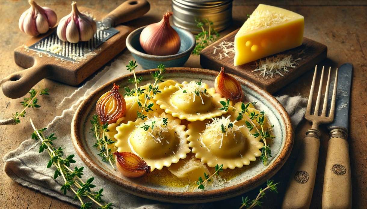Cantal-Ravioli mit Thymianbutter und confierten Schalotten