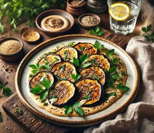 Scheinfasten – Abendessen: Gebratene Auberginen mit Sesam-Tahini-Dressing à la française Gebratene-Auberginen_Sesam_Tahini