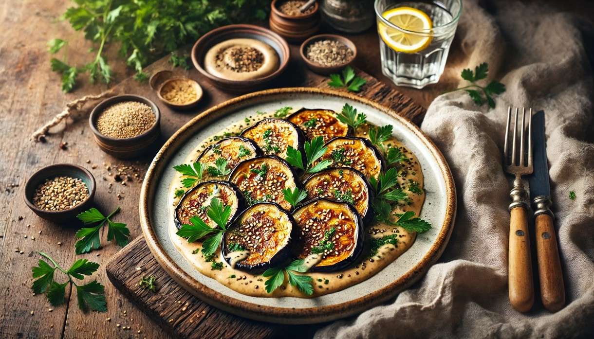 Scheinfasten – Abendessen: Gebratene Auberginen mit Sesam-Tahini-Dressing à la française