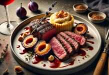 Traditionelles neu interpretiert: Lavendel-Entrecôte mit Rotwein-Zwetschgen und Haselnuss-Polenta Lavendel-Entrecote