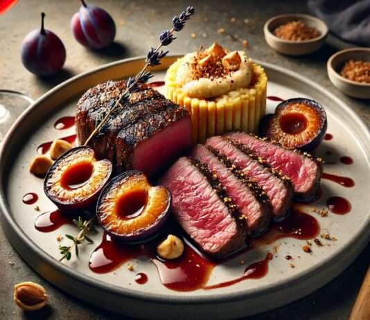 Traditionelles neu interpretiert: Lavendel-Entrecôte mit Rotwein-Zwetschgen und Haselnuss-Polenta Lavendel-Entrecote