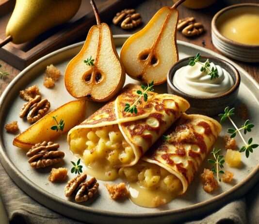 Mini-Aligot-Crêpes mit gebratener Birne und Walnusskrokant Mini-Aligot-Crepes