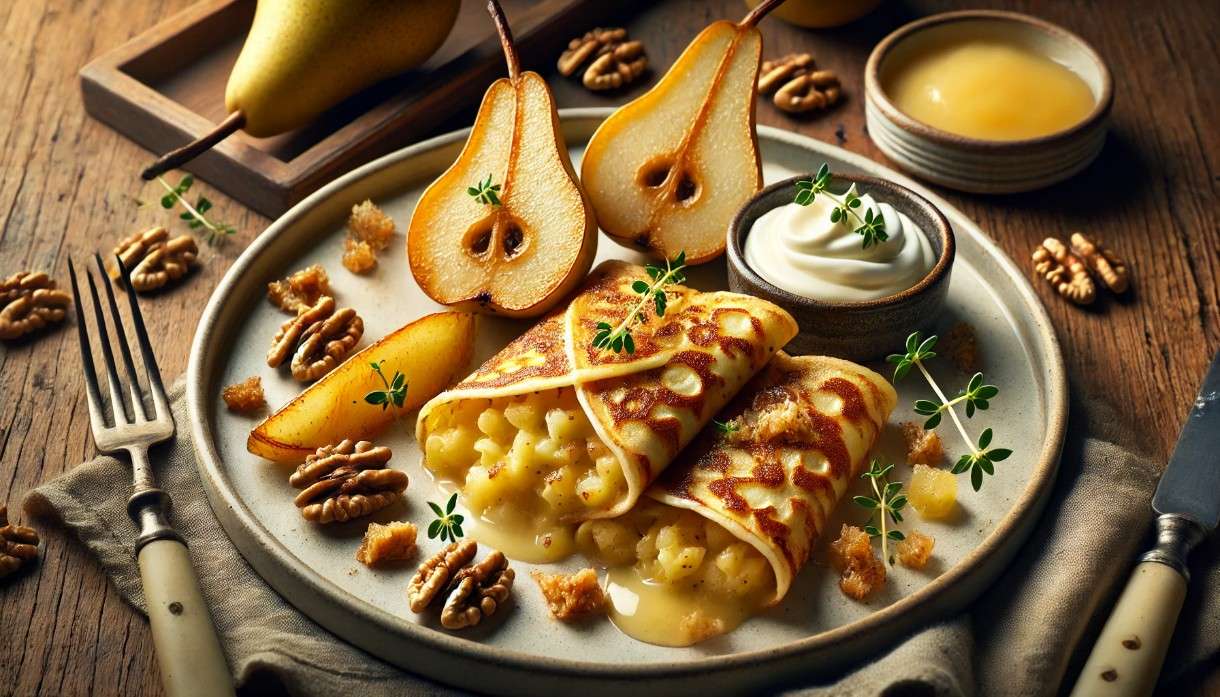 Mini-Aligot-Crêpes mit gebratener Birne und Walnusskrokant