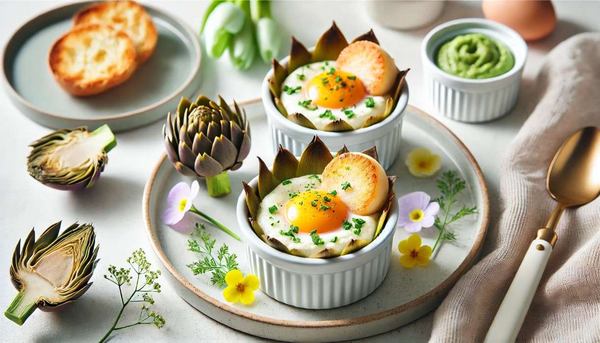 Ostern – modern: Œufs Cocotte mit Artischockencreme & Jakobsmuschel