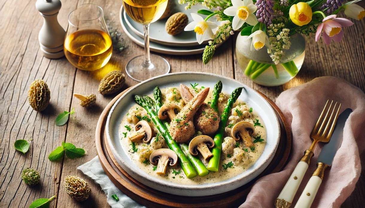 Ragout vom Kaninchen mit Spargel und Morcheln à la crème