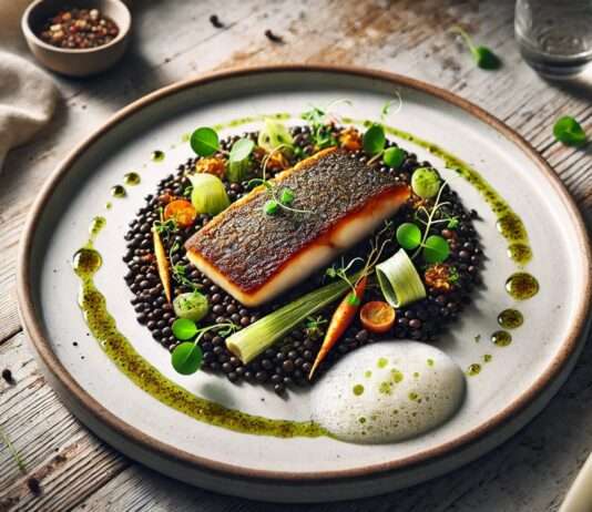 Saibling aus der Auvergne auf Linsen-Cassoulet mit Estragon-Schaum Saibling-auf-Belugalinsen