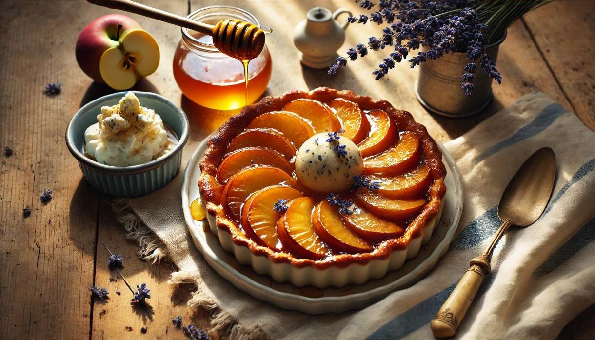 Tarte Tatin mit Lavendelhonig und Bleu d’Auvergne-Crème fraîche