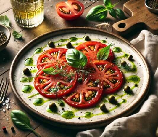 Scheinfasten – Snacks & kleine Mahlzeiten: Französisches Tomaten-Carpaccio mit Basilikumöl Tomaten-Carpaccio-Basilikumöl