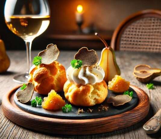 TrĂŒffel-GougĂšres mit ZiegenkĂ€secreme & Birnenchutney â Ein Hauch von Bourgogne mit modernem Twist TruÌffel-GougeÌres-mit-ZiegenkaÌsecreme