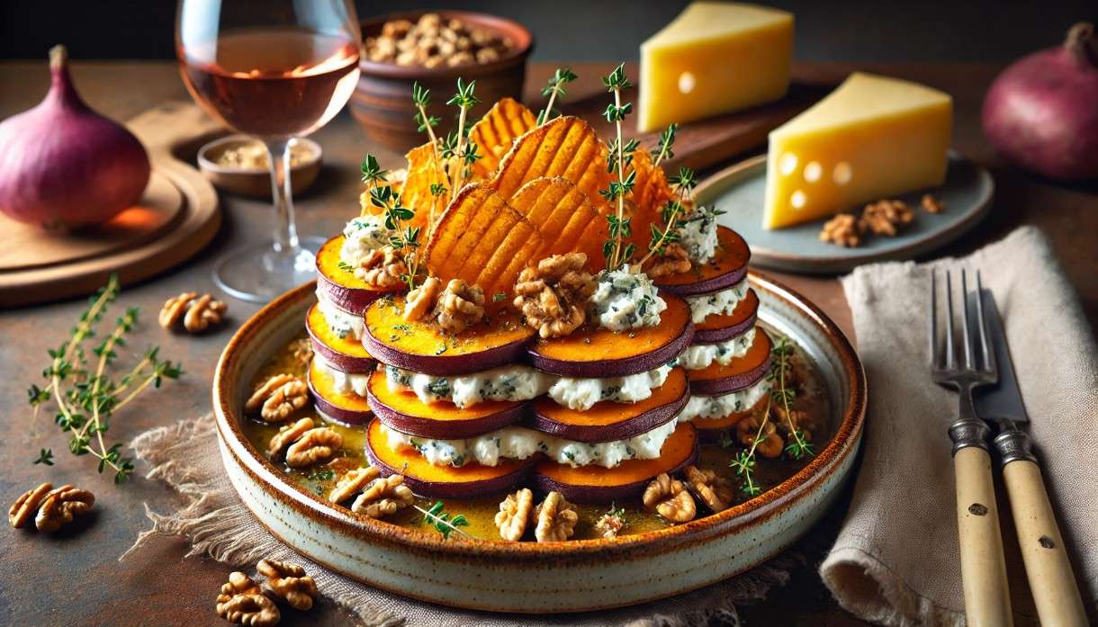 Truffade neu gedacht: Süßkartoffel, Ziegenfrischkäse & Cantal-Chips