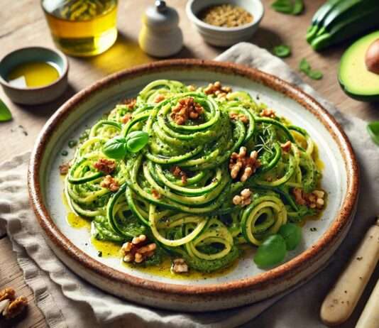 Scheinfasten – Mittagessen: Französische Zucchini-Spaghetti mit Avocado-Pesto Zucchini-Spaghetti